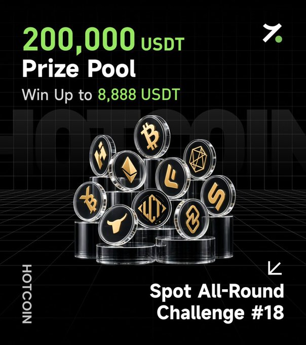 A promotional graphic for Bitget's "Spot All-Round Challenge #18" advertising a 200,000 USDT prize pool with up to 8,888 USDT in rewards, featuring a pyramid of cryptocurrency coins including Bitcoin, Ethereum, and others on a dark grid background with the HotCoin logo.