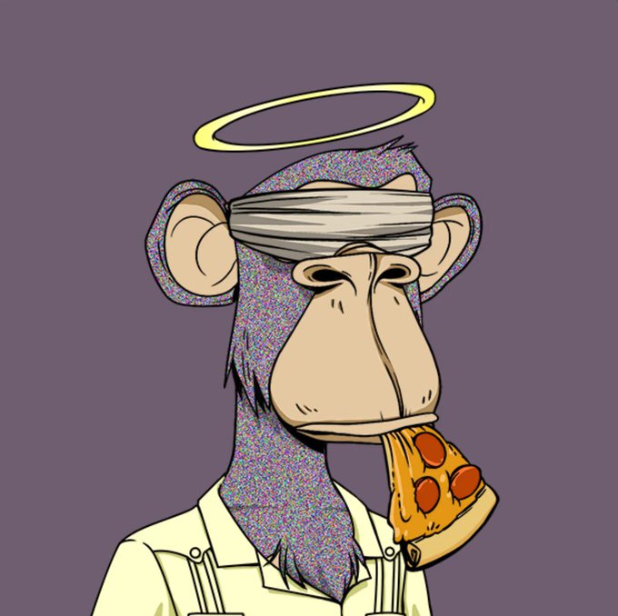 A digital illustration of a cartoon monkey with a glittery texture, a white hoodie, a yellow halo, and a pizza slice in its hand, against a purple background.