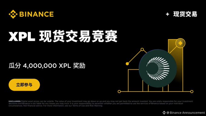 A Binance promotional graphic for an 'XPL 现货交易竞赛' (XPL Spot Trading Competition) offering a 4,000,000 XPL prize pool, featuring a 立即参与 (Join Now) button and disclaimer text at the bottom.