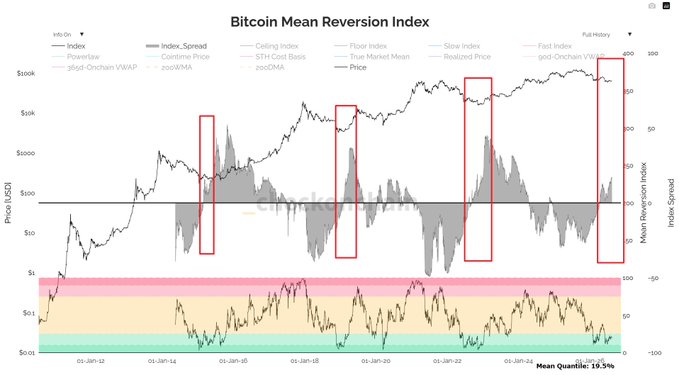 A 'Bitcoin Mean Reversion Index' chart showing Bitcoin price history from 2012 to 2025 with red boxes highlighting peak index spread periods.