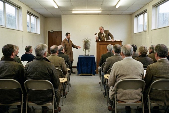 An auction scene in a plain hall where an auctioneer with a gavel stands at a podium presenting a strange creature on a draped table to a seated audience of men.