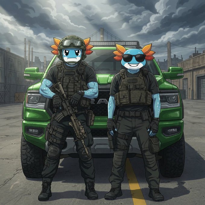 The image features two cartoon characters posing next to a green truck, both wearing military uniforms with guns drawn. The background of the image shows an urban setting with buildings and power lines. There are also some text elements present in the image that read "Good morning AXOL Familia" and "Let's roll axolcoin.xyz".