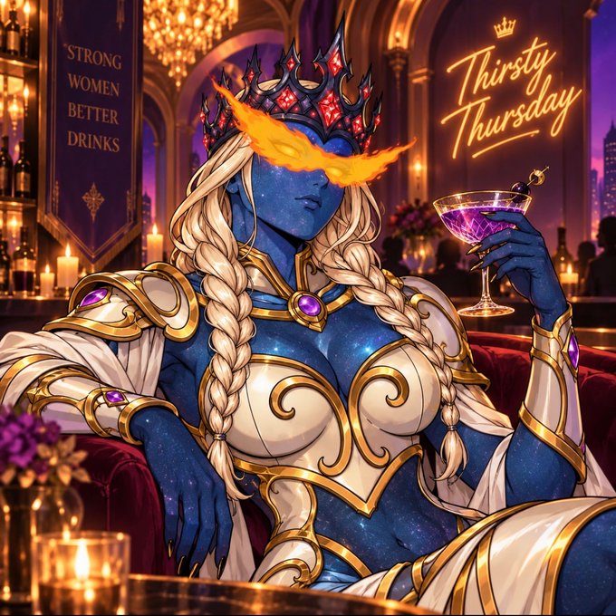A majestic blue-skinned queen adorned with a fiery crown and gold armor holds a purple cocktail, with neon signs reading "STRONG WOMEN BETTER DRINKS" and "Thirsty Thursday" glowing in the elegant bar setting—perfectly capturing the post's tribute to strong women in the Web3 space on Thirsty Thursday.