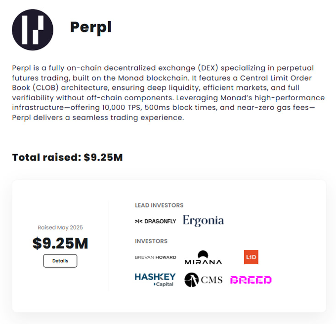 An information panel describes Perpl, a decentralized exchange (DEX) for perpetual futures trading on the Monad blockchain, which raised $9.25M with lead investors Dragonfly and Ergonia.