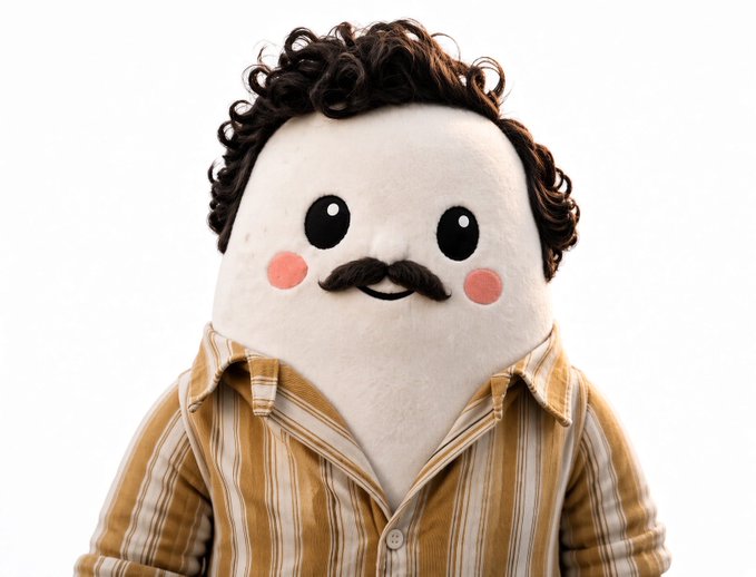 A plush doll character with curly brown hair, rosy cheeks, a mustache, and a striped brown and white shirt, photographed against a white background.
