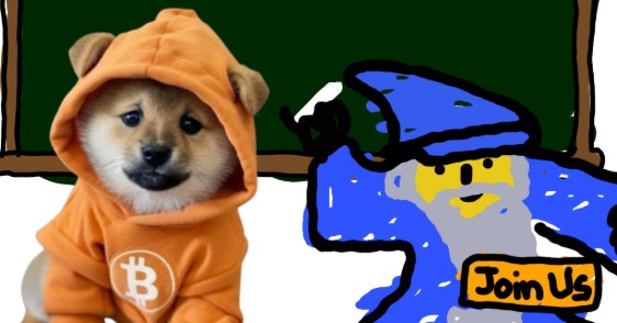 A Shiba Inu dog wearing an orange hoodie with a Bitcoin logo sits next to a cartoon figure with a blue cap displaying the text 'Join Us'.