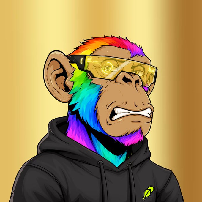 A cartoon illustration of a Bored Ape-style monkey character wearing yellow reflective sunglasses, featuring a vibrant rainbow-colored fur pattern and a black hoodie with a yellow logo.