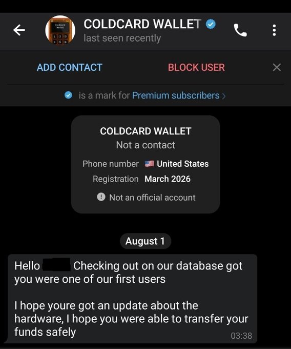 A Telegram message from "COLDCARD WALLET" (marked as not an official account) attempts to scam a user by claiming to have database records of them as an early user, referencing recent hardware updates and fund transfers. The image illustrates the post's point about updated scam tactics, showing how impersonators now exploit real-world news (like Coinkite's Q1 2026 Coldcard manufacturing transition) to craft more convincing phishing attempts targeting Bitcoin wallet users.