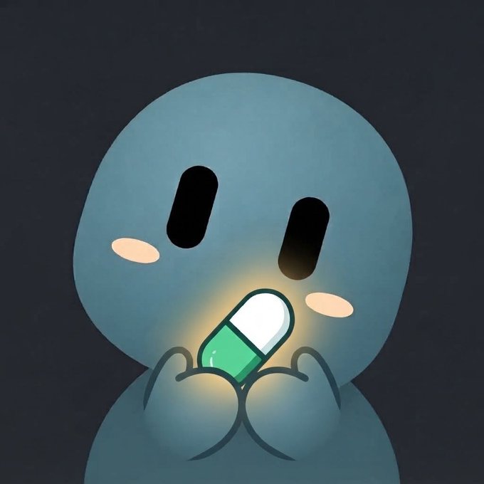 A digital illustration of a round, light blue character holding a glowing green and white capsule close to its face against a dark background.