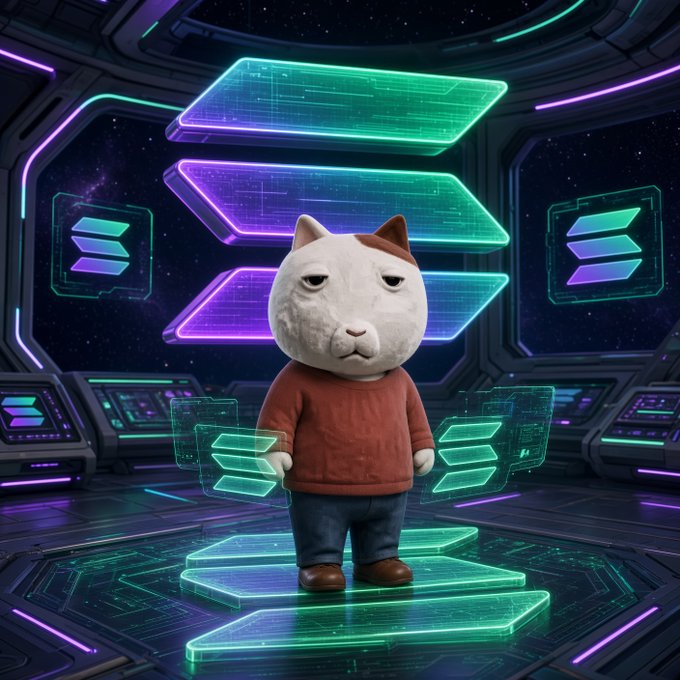 A 3D-rendered white cat character with a unamused expression wearing a red sweater and jeans, standing in a futuristic sci-fi environment with neon green and purple holographic displays.