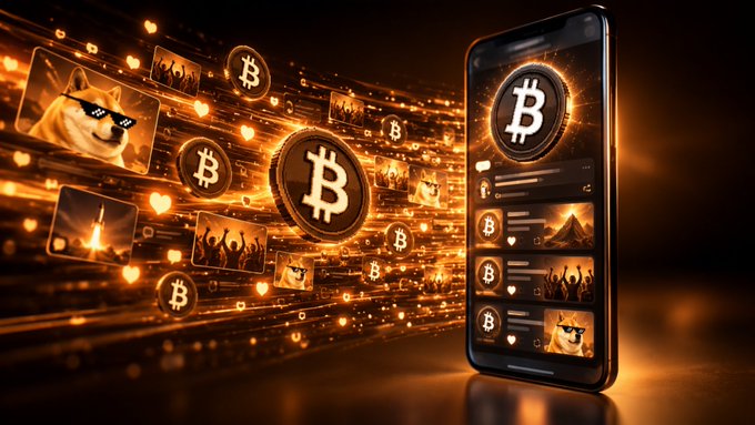 A vibrant digital illustration featuring Bitcoin logos, doge memes, and golden coin icons streaming from a smartphone screen against a glowing orange and black background.