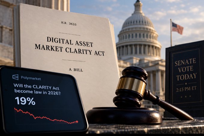 A copy of H.R. 3633, the "Digital Asset Market Clarity Act," rests beside a wooden gavel in front of the U.S. Capitol, with a Senate vote sign at 2:15 PM ET and a Polymarket tablet showing just a 19% chance the bill becomes law in 2026—visually reinforcing the dramatic drop in its passage odds.