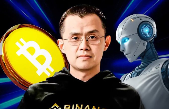 A man in a black Binance hoodie stands center frame, flanked by a glowing Bitcoin logo on the left and a futuristic humanoid robot with blue glowing eyes on the right, visually capturing CZ's warning that avoiding Bitcoin parallels the risk of missing the AI revolution.