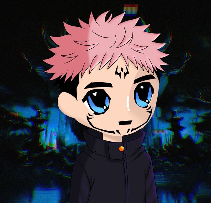 A chibi-style anime character with pink spiky hair and blue eyes, resembling Ryomen Sukuna from Jujutsu Kaisen, wearing a black uniform against a dark background.