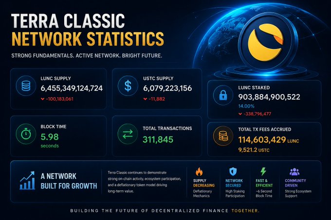 The image is a "Terra Classic Network Statistics" infographic highlighting key on-chain metrics, including a LUNC supply of 6,455,349,124,724 (down 100,183,061), USTC supply of 6,079,223,156, 903,884,900,522 LUNC staked at 14.00%, 5.98-second block time, and 311,845 total transactions with 114,603,429 LUNC in tx fees. It visually reinforces the post's message that Terra Classic's network fundamentals remain strong, showcasing declining supply, high staking participation, and efficient block times as evidence of the ecosystem's resilience amid market volatility.