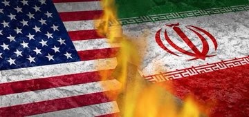 The image depicts the flags of the United States and Iran superimposed and engulfed in flames, visually representing the escalating tensions between the two nations as mentioned in the accompanying text about Iran suspending commitments under its MOU with the United States.