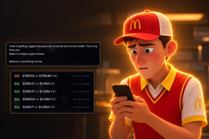 An AI-generated image of a sad McDonald's employee in a red and yellow uniform looking at crypto trading transactions showing MC token sells and buys with significant amounts.