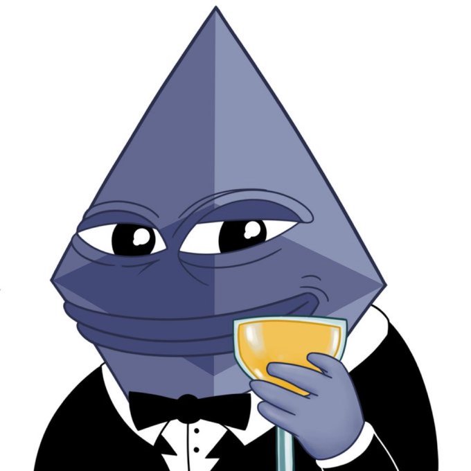 A cartoon character shaped like the Ethereum logo, wearing a tuxedo and bow tie, sips from a glass of orange juice.
