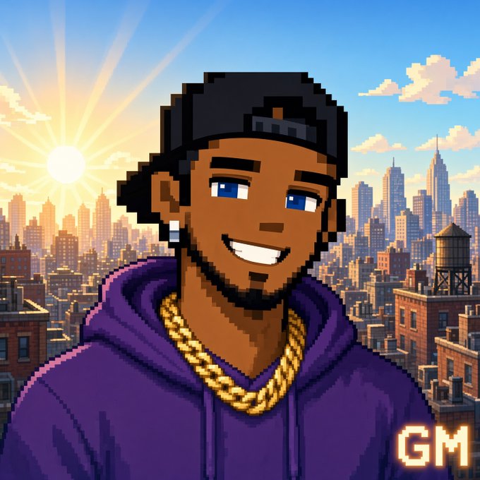 A pixel art illustration of a smiling man wearing a backwards black cap, gold chain, and purple hoodie, set against a city skyline at sunrise with the text 'GM' in the corner.