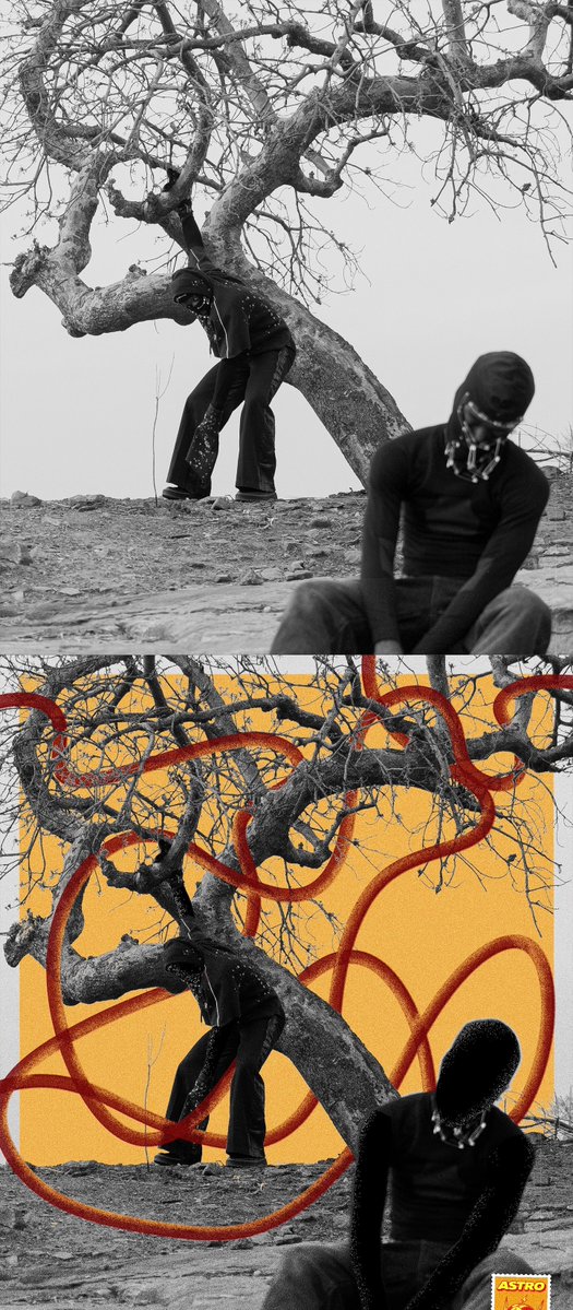 A black-and-white photo of two masked figures near a gnarled tree is shown twice — once unedited and once overlaid with red looping graphic lines and a yellow rectangular block, with 'ASTRO' branding in the corner.