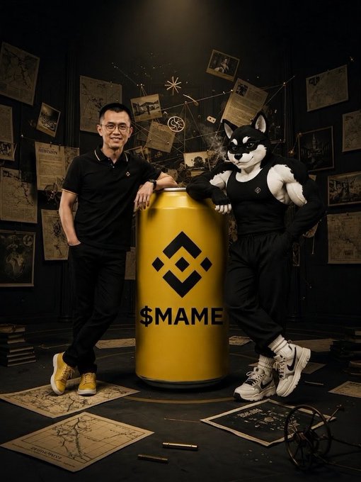 A man poses alongside a person in a black cat mascot costume, both leaning on a giant yellow Binance-themed "$MAME" crypto token can, with old maps, newspapers, and an armillary sphere scattered around them. The image visually reinforces the post's message about $MAME reaching a $12.7M ATH and aiming for "the stars," using the space-age props and Binance branding to convey the token's bullish momentum.