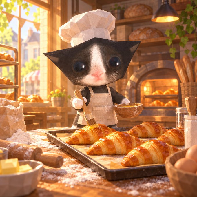 An adorable kitten wearing a chef's hat and apron brushes egg wash onto a tray of freshly baked croissants in a sunlit kitchen.