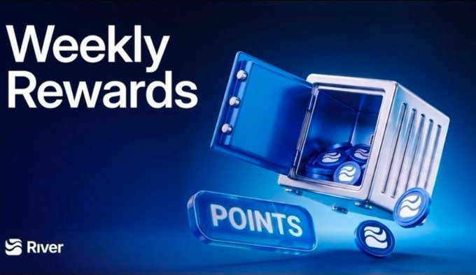 The image features a sleek 3D-rendered silver treasure chest filled with blue "POINTS" tokens, with the bold text "Weekly Rewards" displayed in the upper left and the "River" logo at the bottom left. It visually reinforces the post's message about $RIVER holders being able to claim their weekly staking rewards in the form of these points tokens.