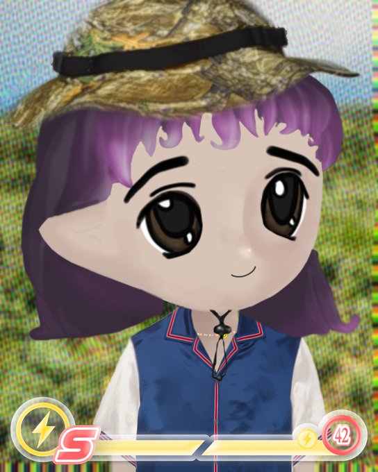 An animated cartoon character with purple hair, pointy ears, and a camouflage bucket hat, with a stamina or energy meter at the bottom of the frame.