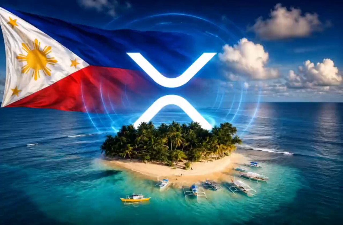 The image features a tropical island with palm trees and boats floating in the water. The island has a small beach area where people are enjoying their time, and there's an XRP logo displayed above them. The background of the image shows a beautiful blue sky with clouds, which complements the overall theme of the scene. The post is about a new fintech platform that allows users to pay with XRP through the largest fintech platform in the Philippines.