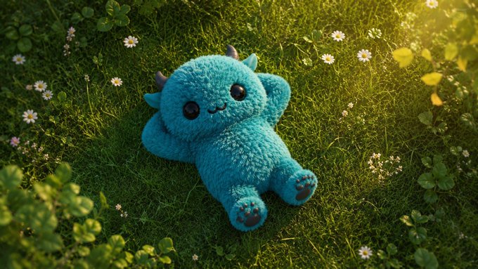 A fluffy blue creature featuring small horns, large black eyes, and a tiny smile lies peacefully in a sunlit grassy field dotted with small white daisies.