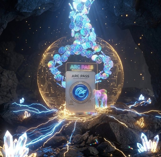 A digital 3D render depicts an 'ARC PASS Ecosystem Endowment' card inside a glowing sphere, surrounded by rising coins and crystals in a dark cave setting.