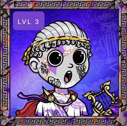 A stylized character illustration labeled 'LVL 3' in the top left corner, depicting a figure with large round eyes, scribbles on their face, and a lyre-like object, set against a purple background with a decorative border.