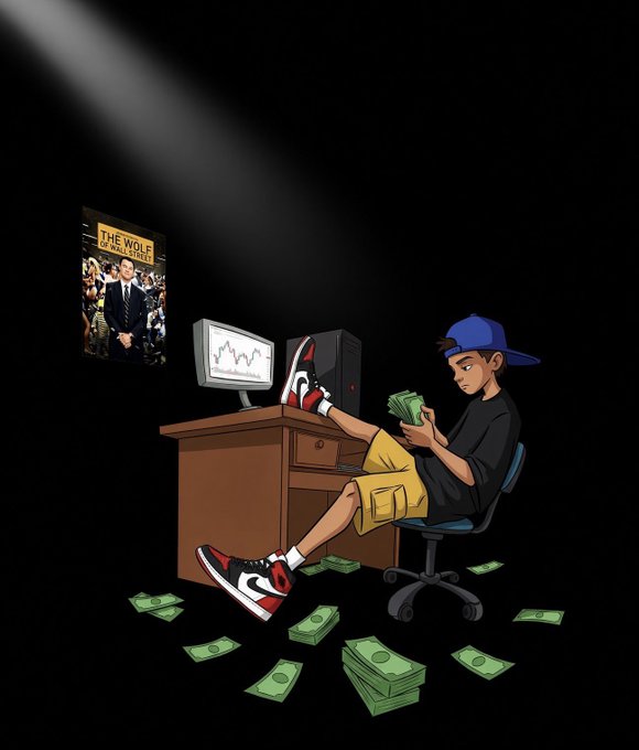 An illustration of a young man wearing a blue cap and red sneakers sitting at a desk with his feet up, counting cash next to a computer showing a stock chart, with a 'THE WOLF OF WALL STREET' poster on the wall.