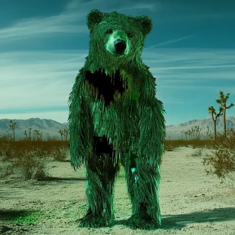 The image features a green bear standing in an open field, with its head turned towards the camera. The bear appears to be made of fabric or some other material that has been transformed into a unique costume. The background shows a desert landscape with mountains visible in the distance, creating a striking contrast between the natural and man-made elements. The caption at the bottom of the image reads "bears you know what to do!".