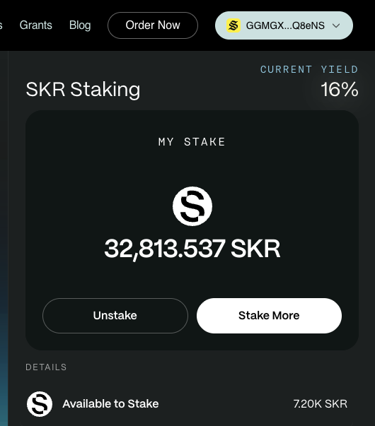 SKR Staking interface showing a current yield of 16%, with a stake of 32,813.537 SKR and 7.20K SKR available to stake.