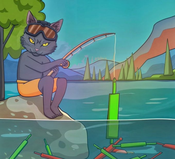 A cartoon cat in sunglasses and orange shorts is fishing by a lake, with several colorful floats in the water. It complements the “Can I get a gm Degens” post as a relaxed, early-morning crypto-community greeting.