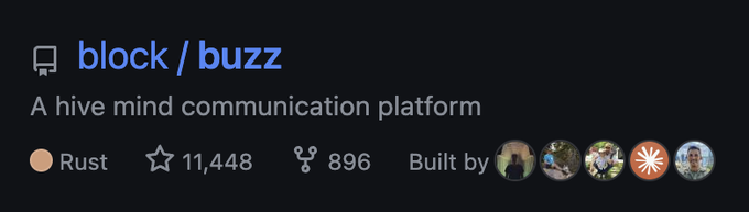 The image shows a GitHub repository header for "block / buzz," described as "A hive mind communication platform," with 11,448 stars and 896 forks, built in Rust. The accompanying post highlights the impressive achievement of gaining 11k stars on GitHub in just 4 days post-launch, as reflected in the star count shown in the image.