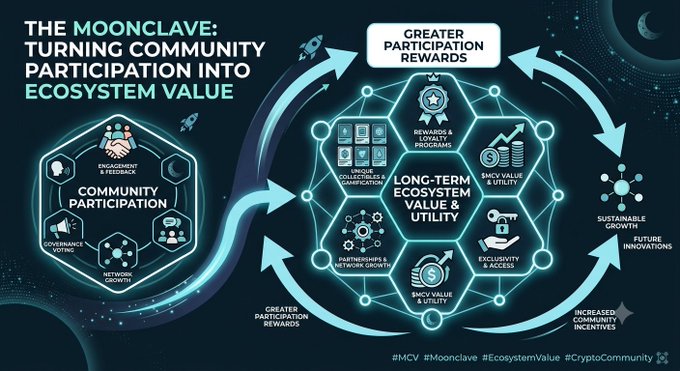 A futuristic infographic titled "The Moonclave: Turning Community Participation into Ecosystem Value" illustrates how community engagement flows into a central hexagon representing long-term ecosystem value and utility, with surrounding elements like cards/loyalty programs, rewards, partnerships, and $MCV tokens feeding back into greater participation rewards and sustainable growth. The image visually reinforces the post's focus on $MCV's flywheel model, showing how community involvement translates into ongoing ecosystem incentives and future innovations.