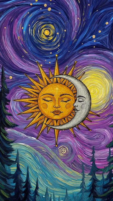 A vibrant Van Gogh-inspired painting featuring an anthropomorphic sun and crescent moon with serene faces against a swirling purple and blue starry night sky, framed by silhouetted pine trees and rolling teal hills below.