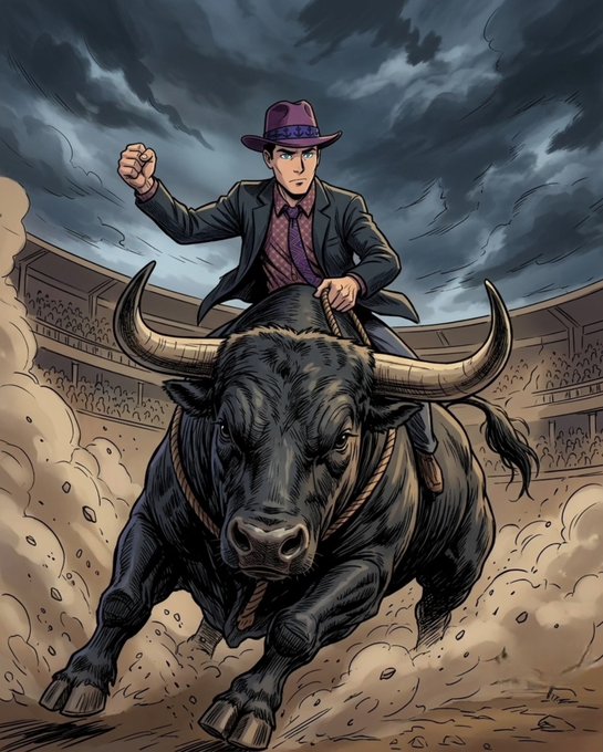 A man in a purple hat and suit rides a charging black bull through a dusty arena under stormy skies, fitting the bullish "GM bulls" sentiment. The aggressive forward charge and raised fist capture the energetic, optimistic rally theme of the post.