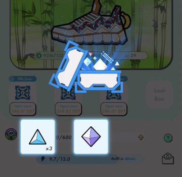 The image shows a screenshot of an app interface with several icons placed around, including a pair of shoes and a pair of blue and purple gemstones. The icons are positioned across the screen, providing information or instructions for users navigating through the app. The background appears to be a landscape featuring bamboo trees, which is likely related to the main content area of the app. This image features various elements that help create an appealing design and layout for users to understand and interact with the app's functionalities.