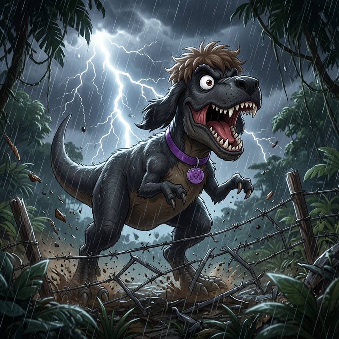 A fierce, cartoonish T-Rex with brown hair and a purple collar bearing the letter "M" roars amid a stormy jungle scene, crashing through a barbed-wire fence while lightning strikes in the background—fittingly evoking the wild, untamed energy of the JurassicFi Solana meme coin.