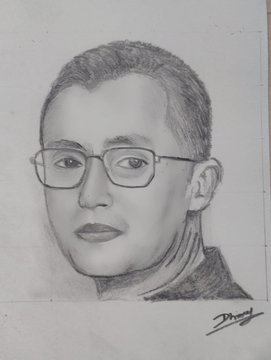 A pencil sketch portrait of a man with short hair and rectangular glasses wearing a turtleneck, signed by the artist in the bottom right corner.