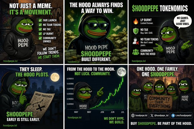 A grid of six promotional graphics for the 'HOOD PEPE' or '$HOODPEPE' cryptocurrency, highlighting features like 'FAIR LAUNCH', 'NO TAX', and 'COMMUNITY OWNED', with the website 'hoodpepe.lol' displayed on each.