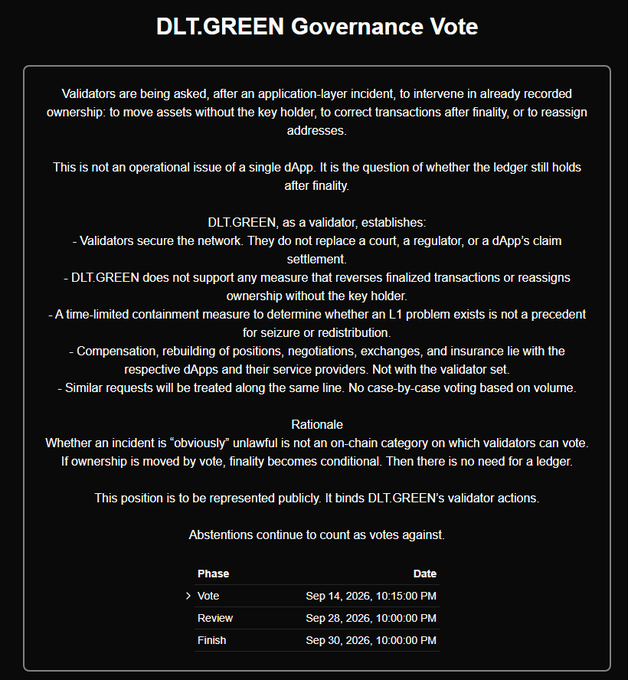 A black poster titled 'DLT.GREEN Governance Vote' explaining a validator's stance on application-layer incidents, with phases listed as Vote (Sep 14, 2026), Review (Sep 28, 2026), and Finish (Sep 30, 2026).