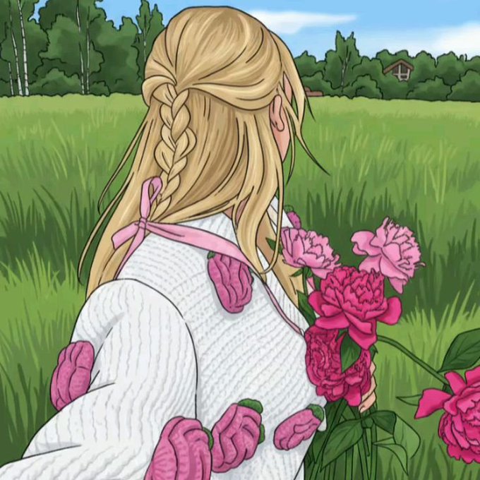 An illustration of a blonde woman with a braid viewed from behind, wearing a white sweater with pink floral patterns and a pink ribbon, standing in a green meadow holding pink peonies with a small house visible in the distance.
