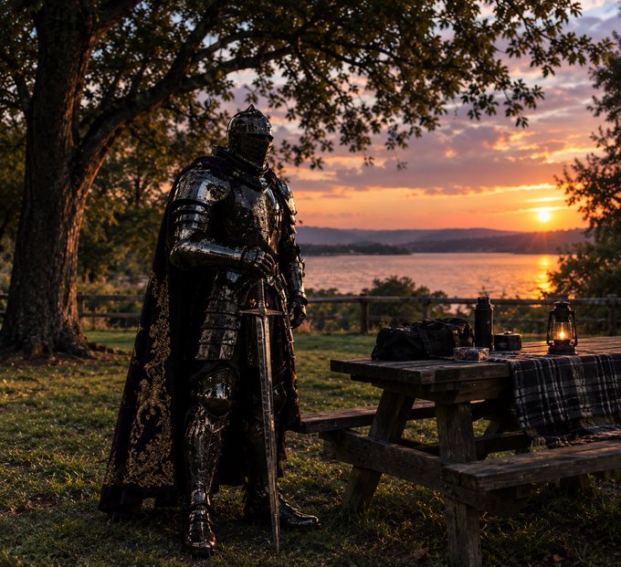A knight in full ornate armor and a black cape stands holding a sword next to a wooden picnic table with a lantern, set against a scenic backdrop of a sunset over a body of water.