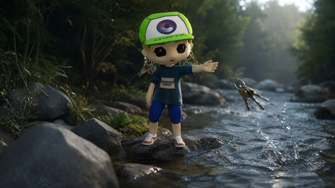 A 3D-rendered stylized character wearing a green cap and blue shirt stands on a rock in a stream, watching a golden pitchfork splash into the water.