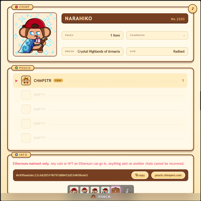 A profile page for a digital NFT collectible named "NARAHIKO" (#2203), categorized as a Chimp from the Crystal Highlands of Armaria region, shown with its pouch containing 1 CHMPSTR coin and an Ethereum wallet address (0x999aabdec12c66285ff0797d8432d514038ede5).