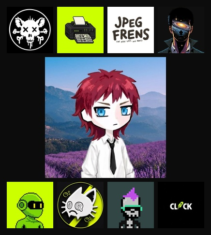 A grid of digital NFT-style avatars and logos including "JPEG FRENS" and "CLOCK," centered around an anime-style red-haired character in front of a purple lavender field.